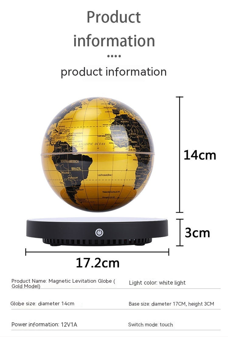 Magnetic levitation globe with dimensions and product information on a white background