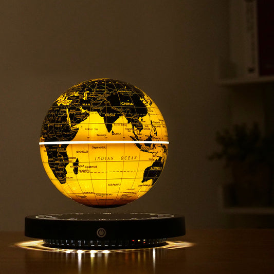 Levitating globe with world map design on a dark background