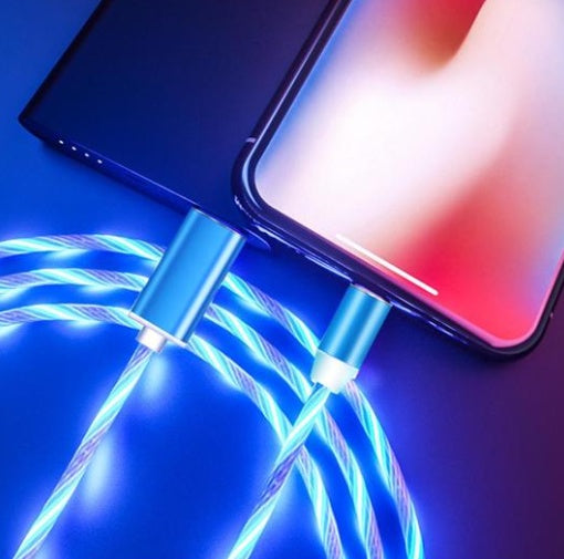 Fiber optic cable with blue light emitting device connected to a smartphone on a dark background