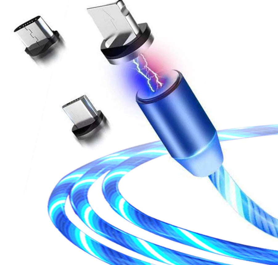 Blue charging cable with multiple connectors on a white background