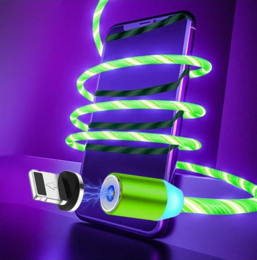 Green LED charging cable coiled around a smartphone on a purple background