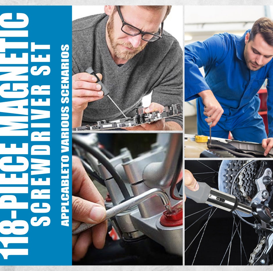 Collage of people using a magnetic screwdriver set on various tasks.