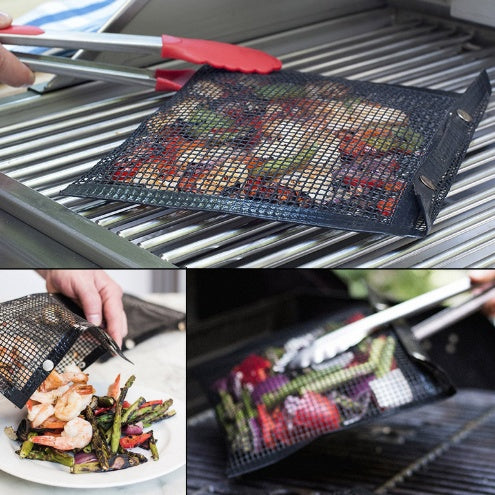 Mesh grill bags being used on a grill with vegetables and meats.