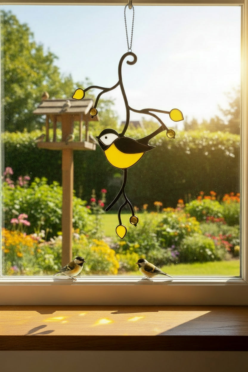 Small bird suncatcher in window overlooking garden with birds 