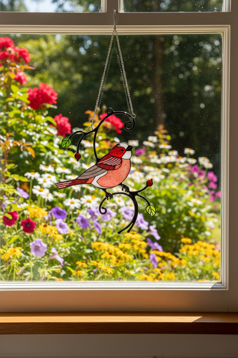 Decorative stained glass bird on a branch with leaves on a garden background