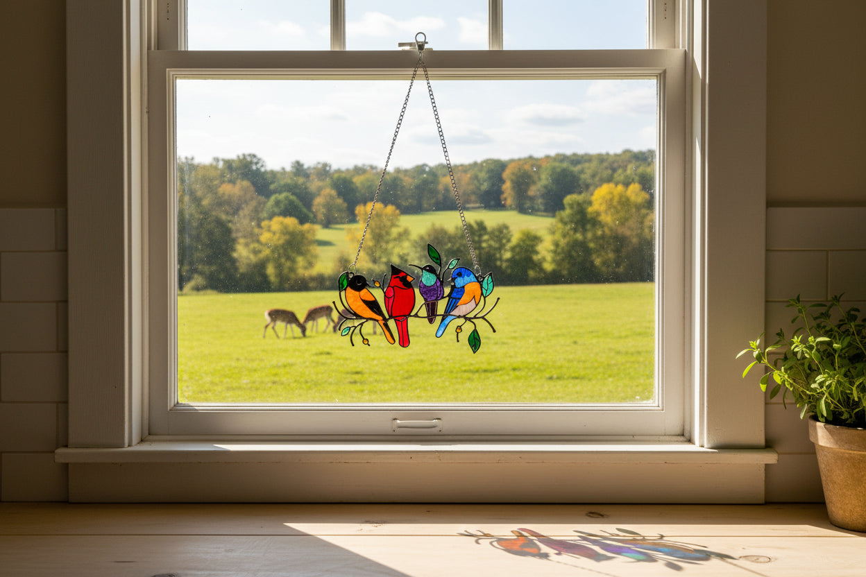 multi bird suncatcher in window with wildlife in background