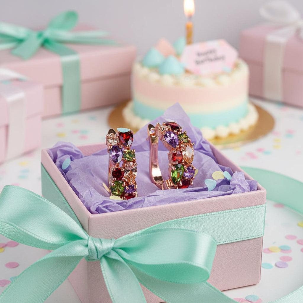 Multicolored gemstone hoop earrings with rose gold setting  in a gift box