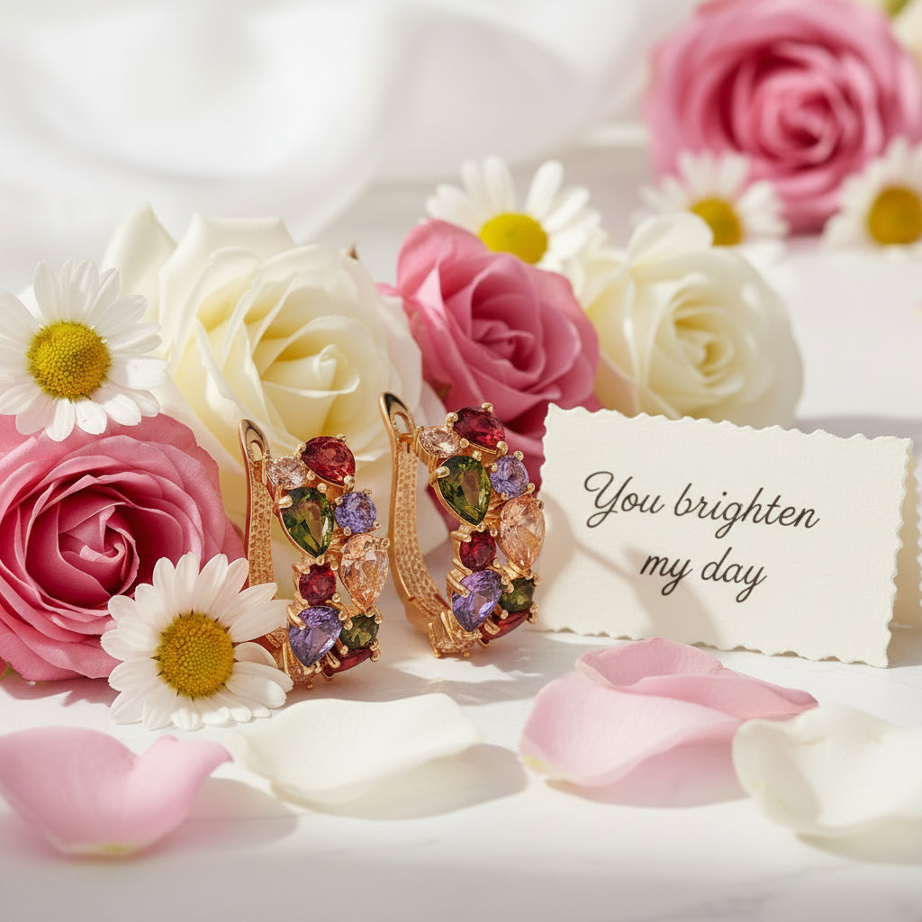 Multicolored gemstone earrings with gold setting in a floral setting
