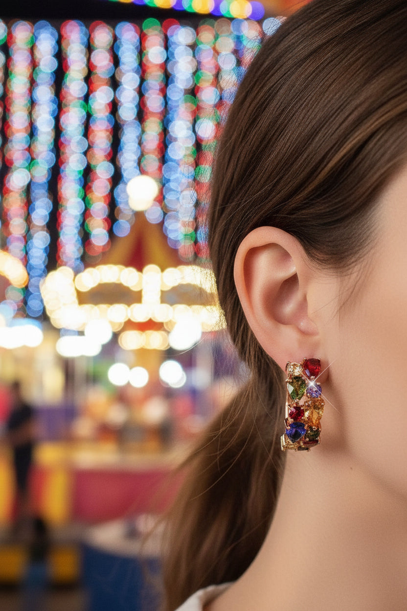 Multicolored gemstone earrings on a girl