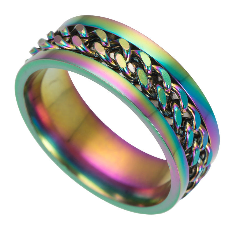 Multicolored ring with chain design on a white background