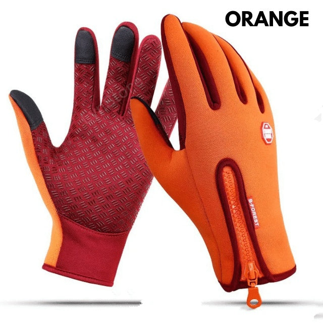 Two gloves, one red and one orange with a zipper, on a white background.