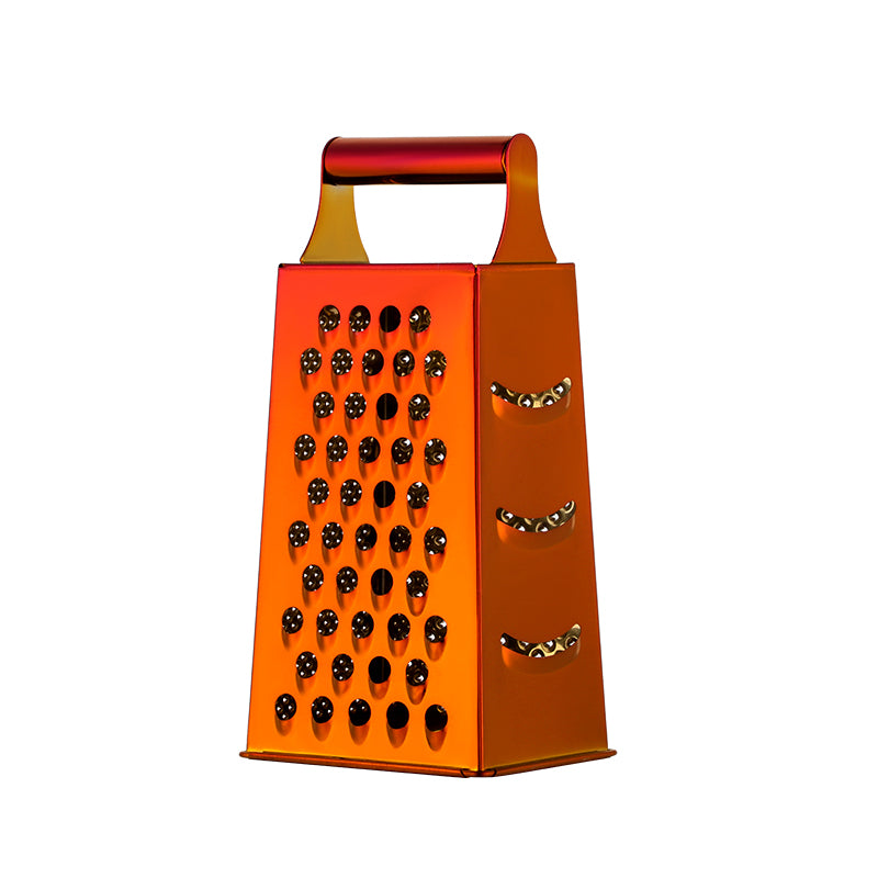 Orange box grater with a red handle on a white background