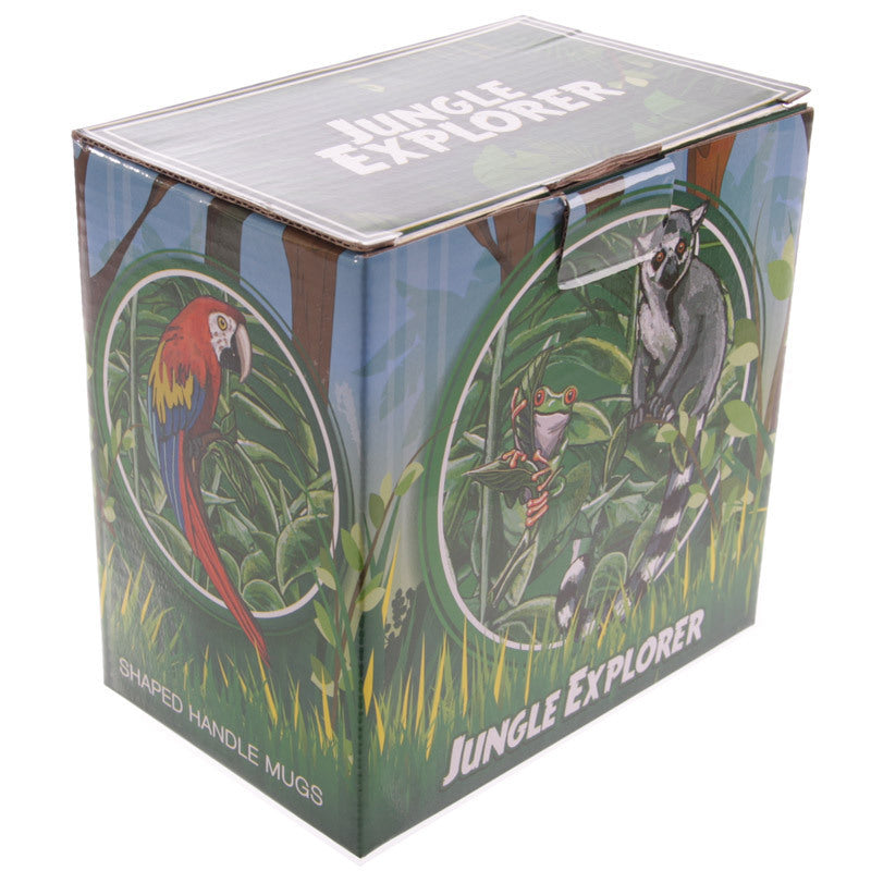 Box of Jungle Explorer shaped handle mugs with illustrations of a parrot and a lemur on a white background.