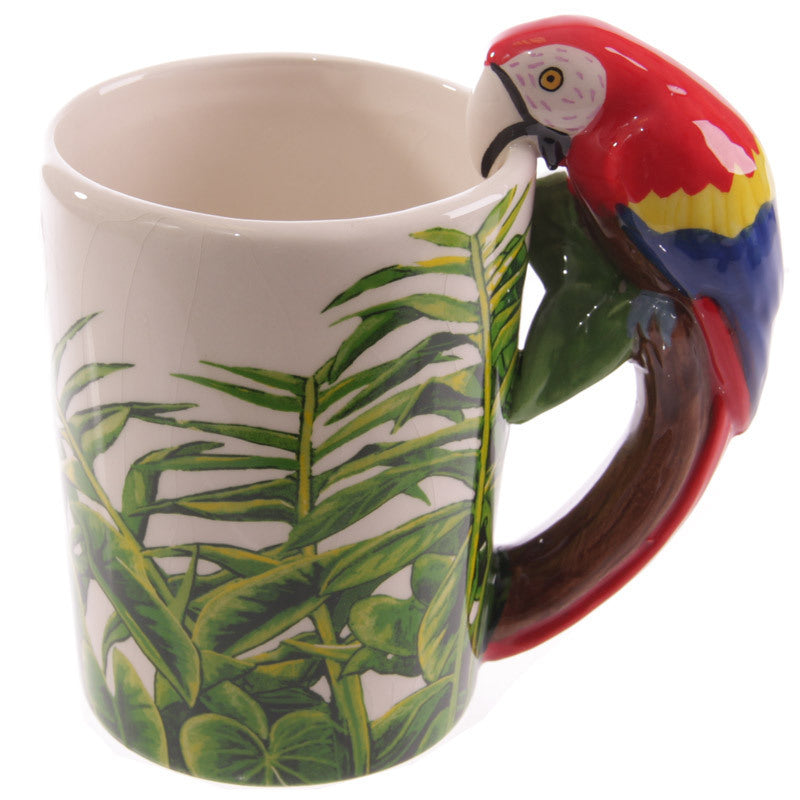 Mug with parrot handle and leaf design on a white background
