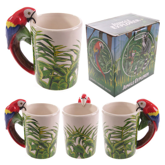 Set of ceramic mugs with parrot handles and jungle-themed design, including a box labeled 'Jungle Explorer'.