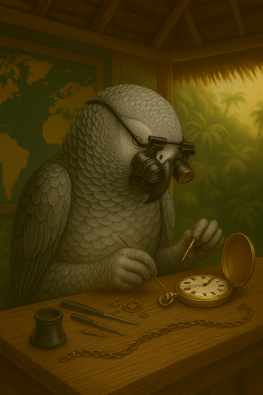 Parrot with Jeweler glasses working on a pocket watch in a room with a world map.