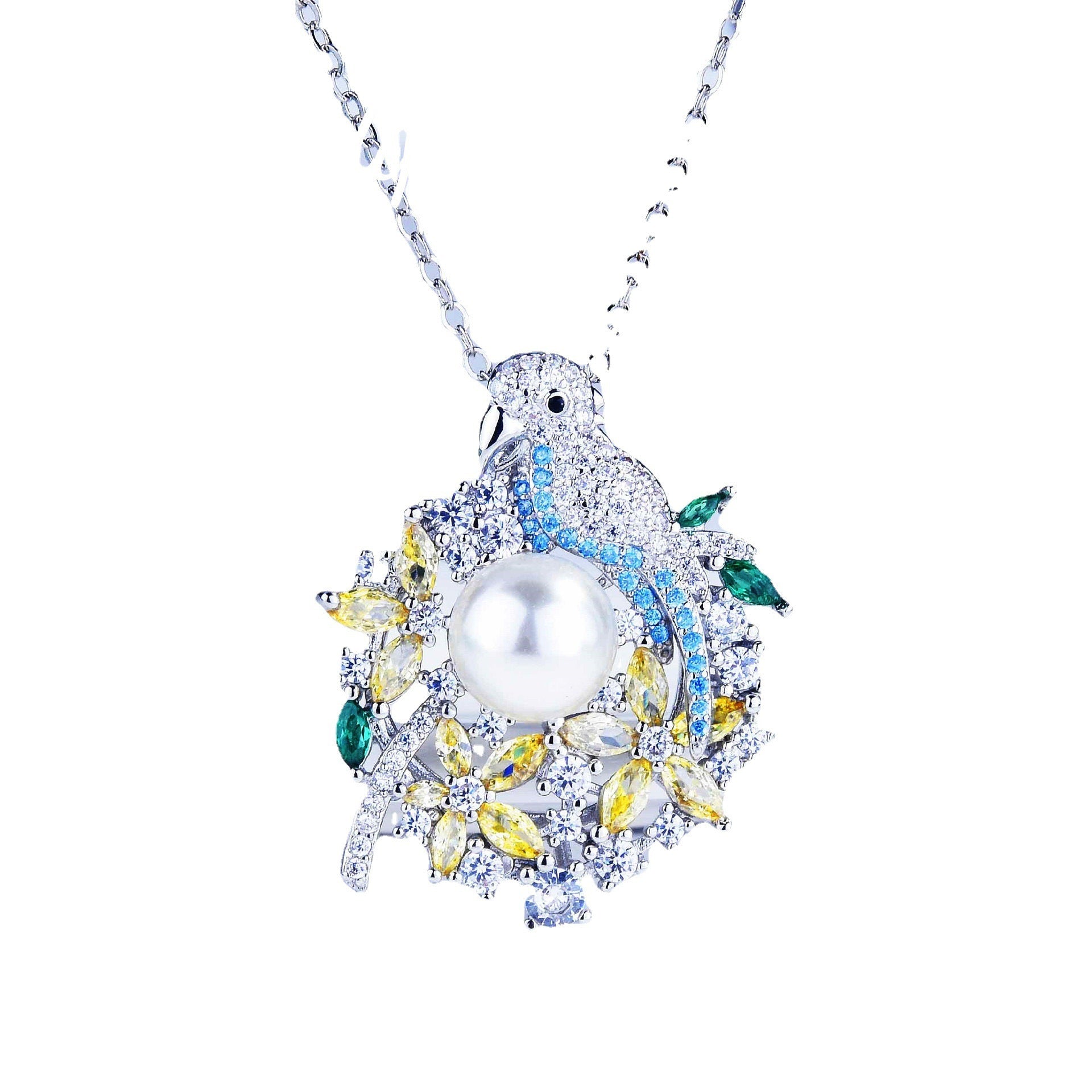 Elegant necklace with a pearl pendant and colorful gemstones on a white background