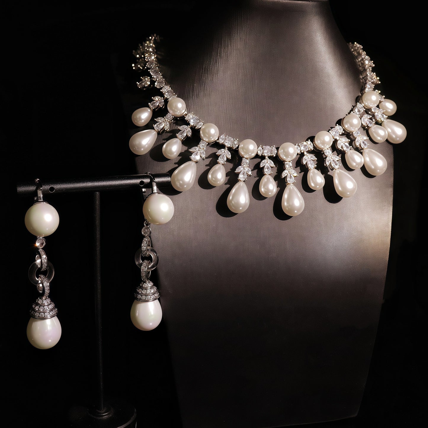 Pearl necklace and earrings on a mannequin against a dark background