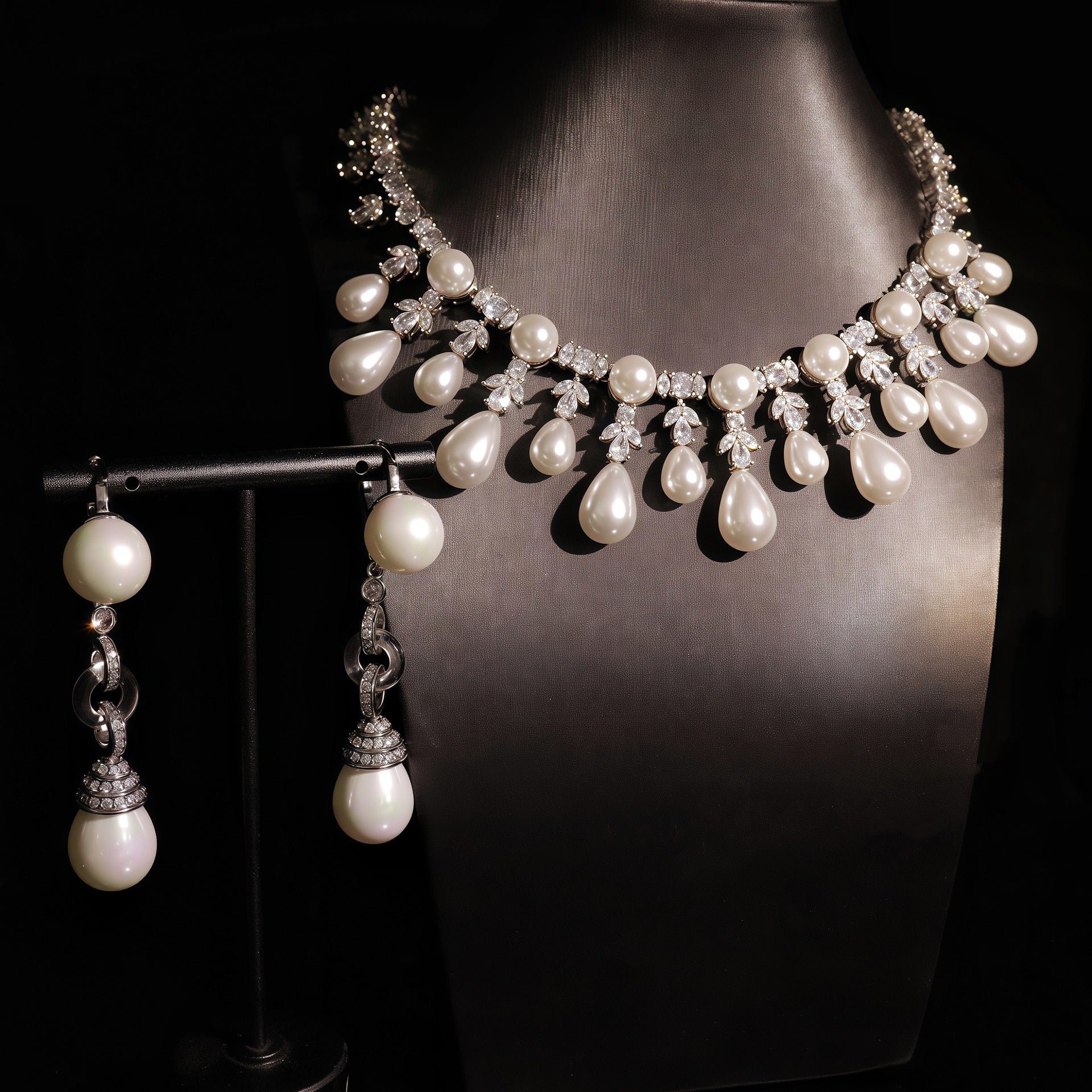 Pearl necklace and earrings on a mannequin against a dark background