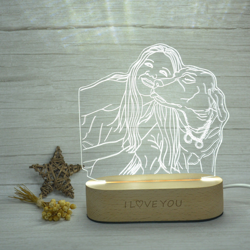 LED lamp with a personalized design and 'I LOVE YOU' engraving on a wooden base.