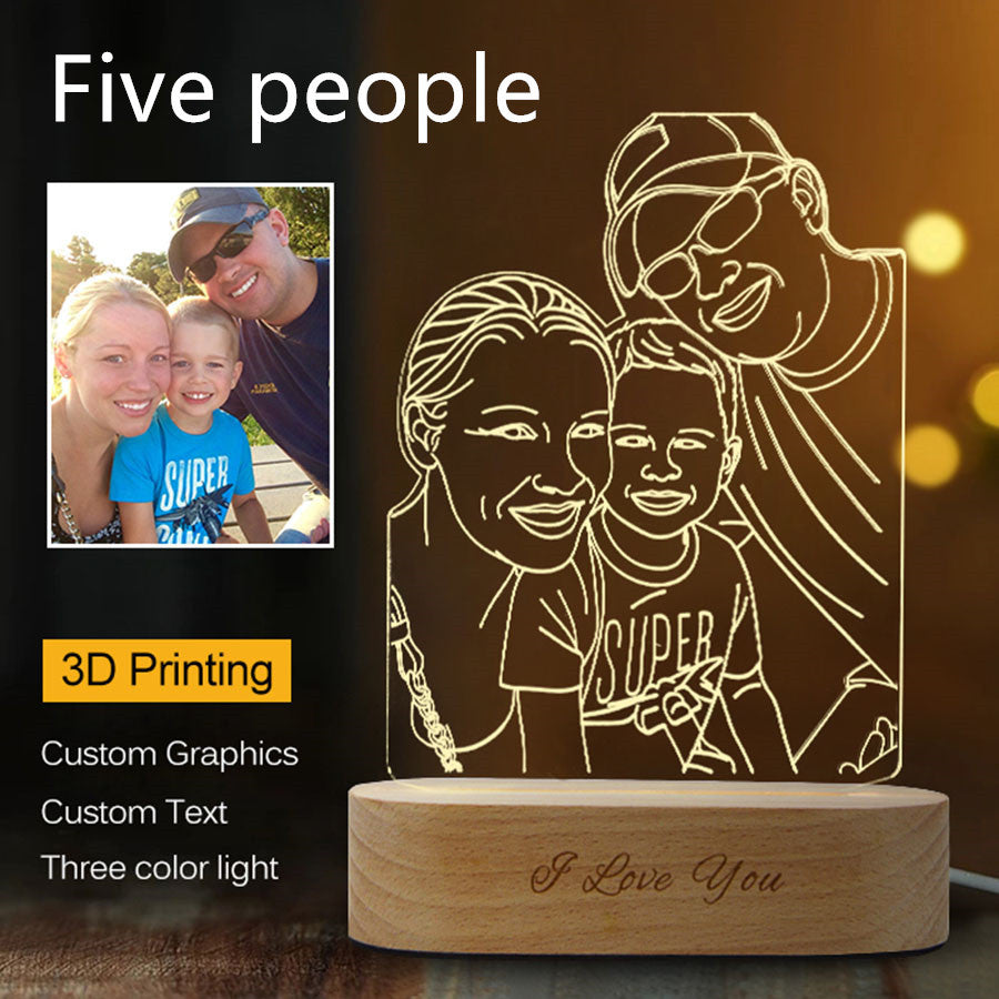 LED lamp with custom family portrait and 'I Love You' engraving, featuring 3D printing technology.