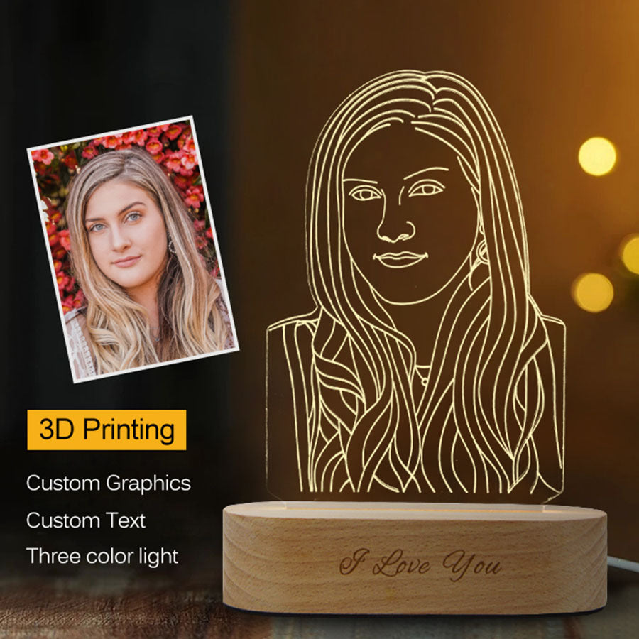Personalized light with a woman's face design and 'I Love You' text, created using 3D printing.