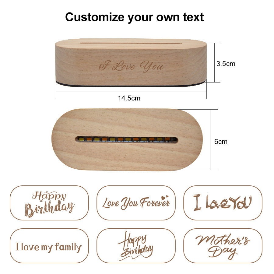 Wooden product with customizable text options on a white background