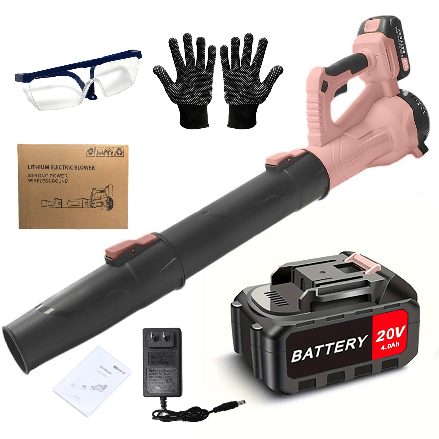 Lithium electric blower with battery, gloves, safety glasses, and packaging on a white background