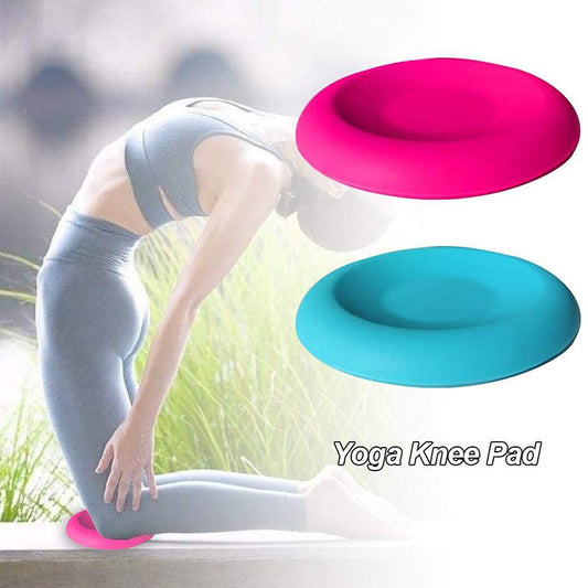 Yoga knee pad with a person in a yoga pose outdoors, showing two colors: pink and blue.