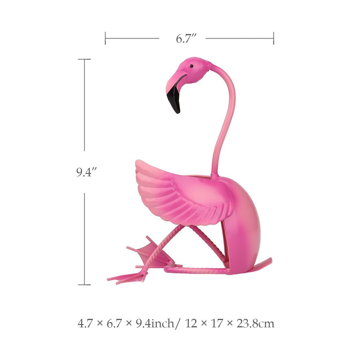 Pink flamingo figurine with measurements on a white background