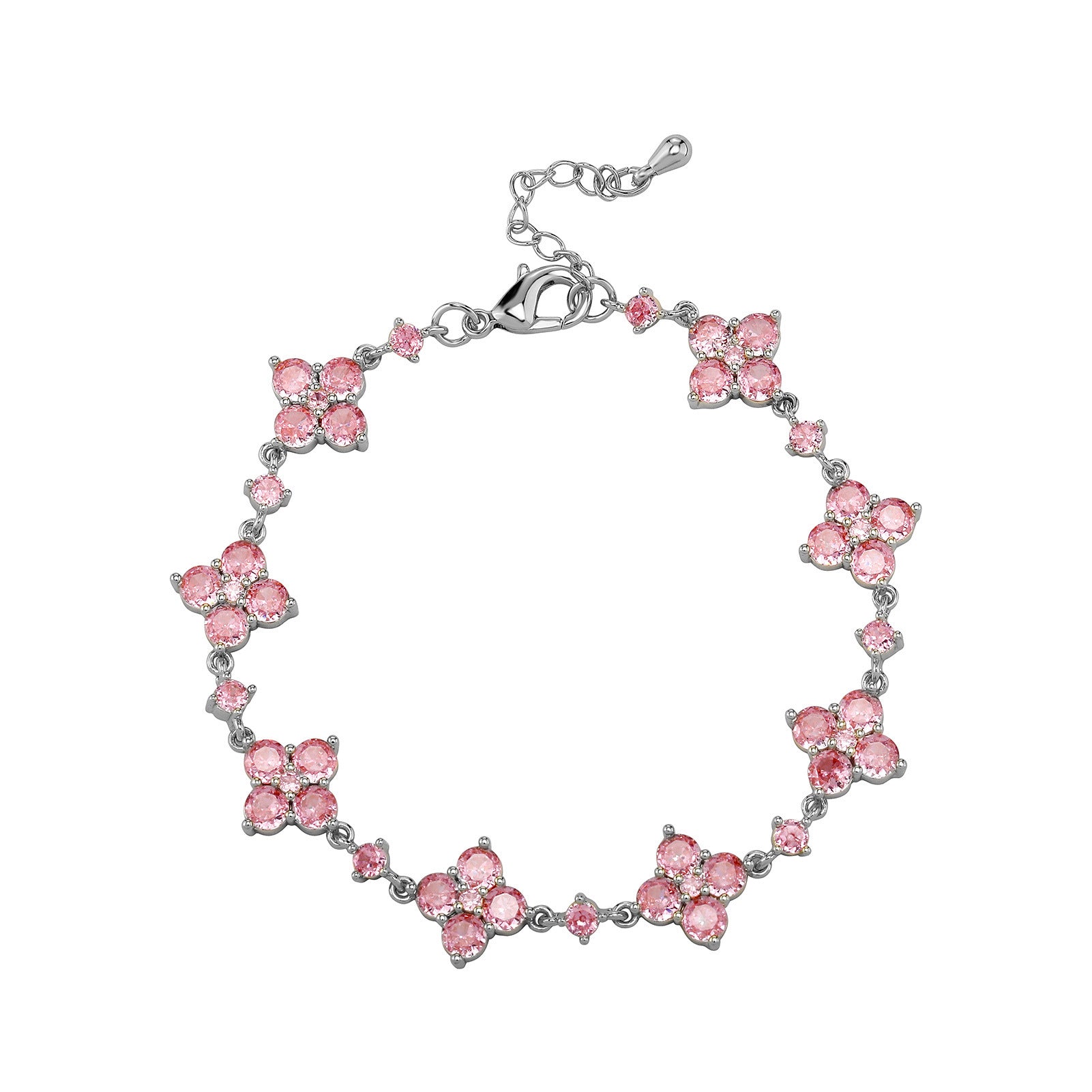 Pink floral bracelet with silver accents on a white background
