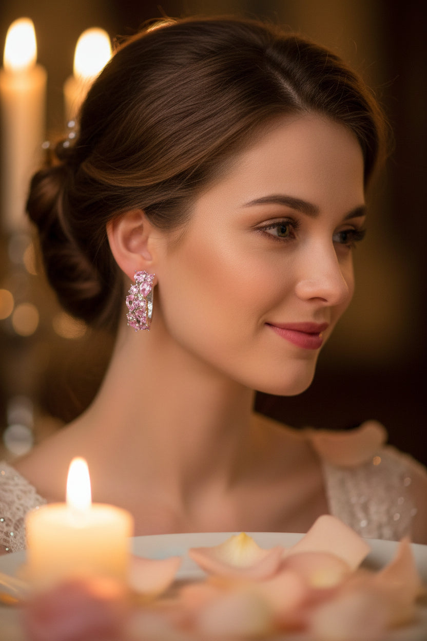 Pair of hoop earrings with pink gemstones on a white background