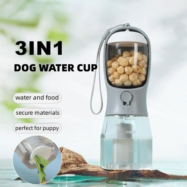 3-in-1 dog water cup with food compartment on a blurred natural background
