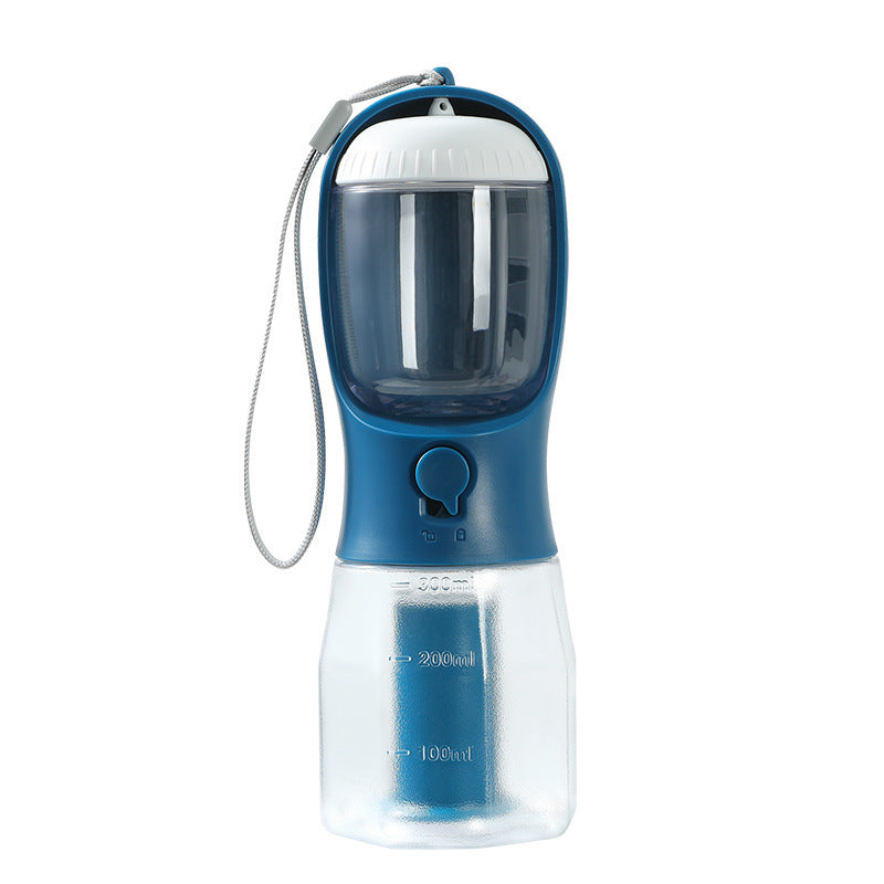 Blue and clear portable pet water bottle with measurement markings on a white background