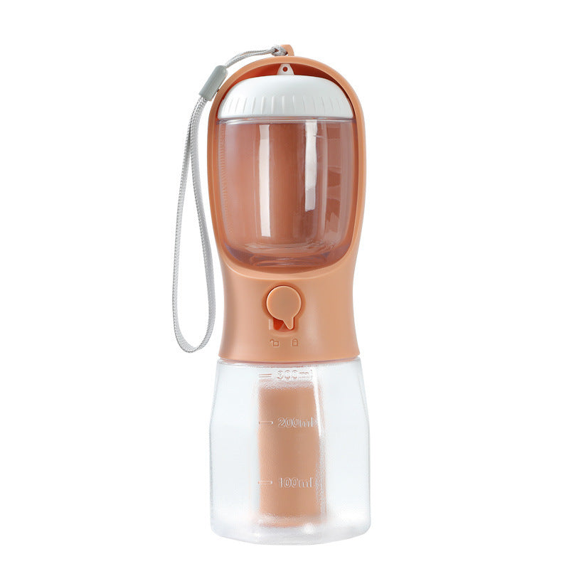 Portable pet water bottle with a brown base and clear top on a white background