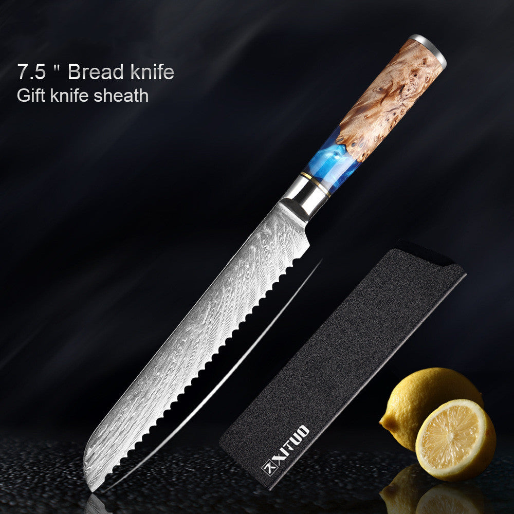 Bread knife with decorative handle and black sheath on a dark background
