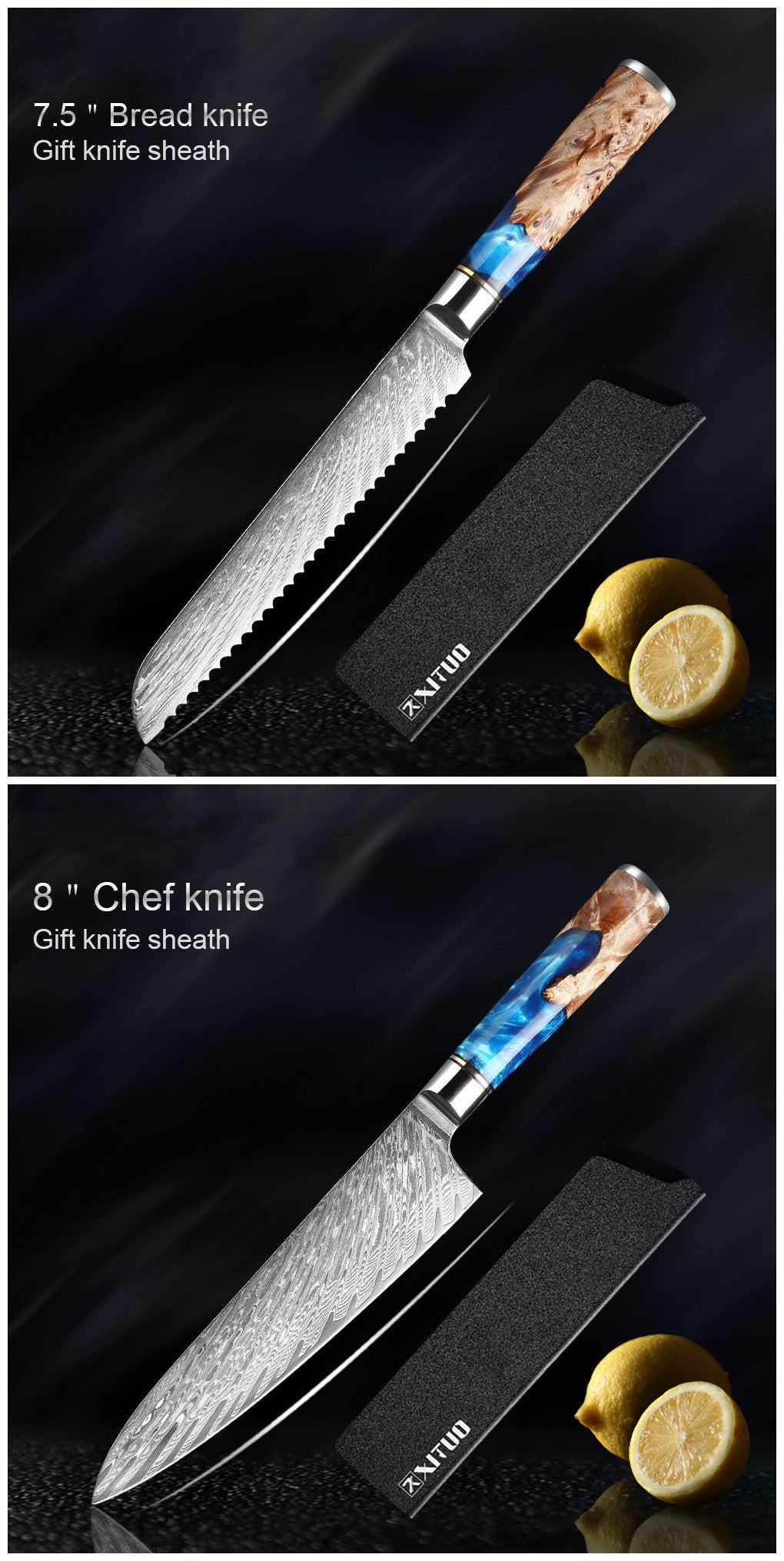 Two knives with wooden handles and sheaths on a dark background