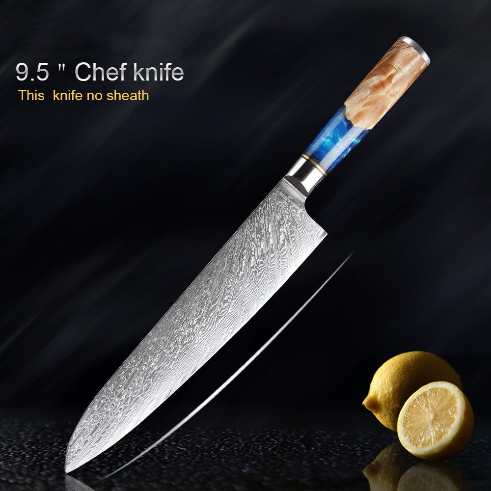 9.5-inch chef knife with wooden handle and blue accents on a dark background with lemons.