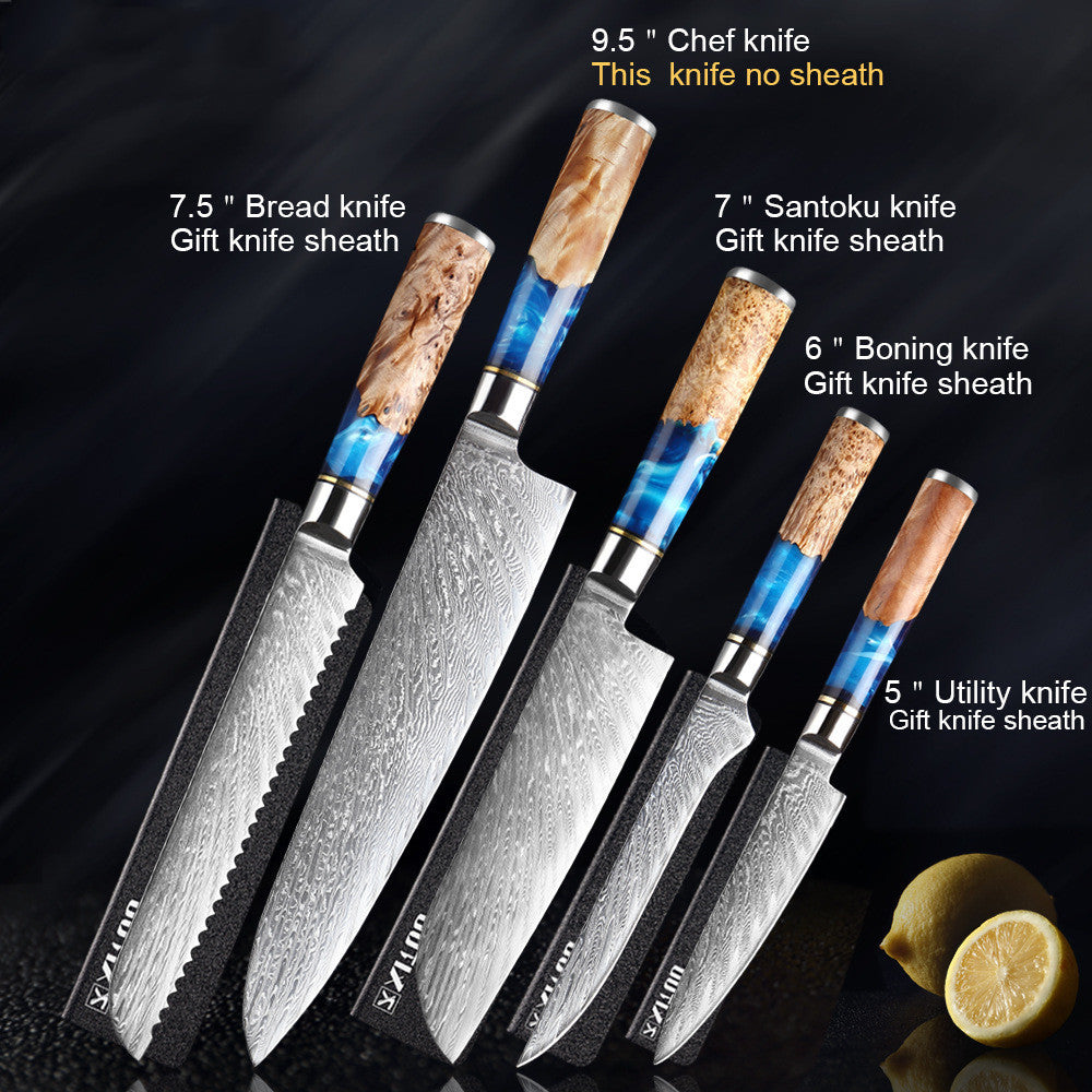 Set of knives with wooden handles and sheaths on a dark background