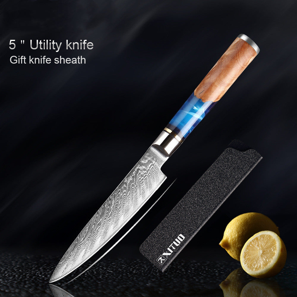 Utility knife with wooden handle and metal sheath on a dark background