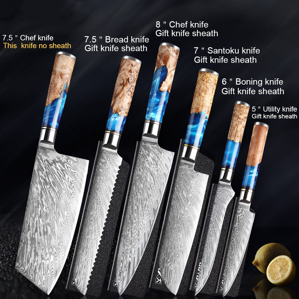 Set of knives with knife sheaths on a dark background