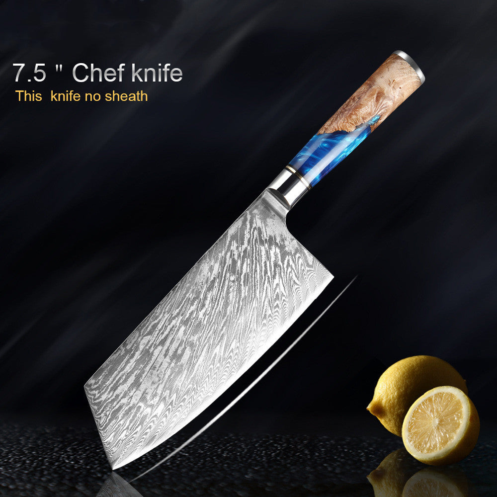 7.5 inch chef knife with decorative handle on a dark background with lemons.