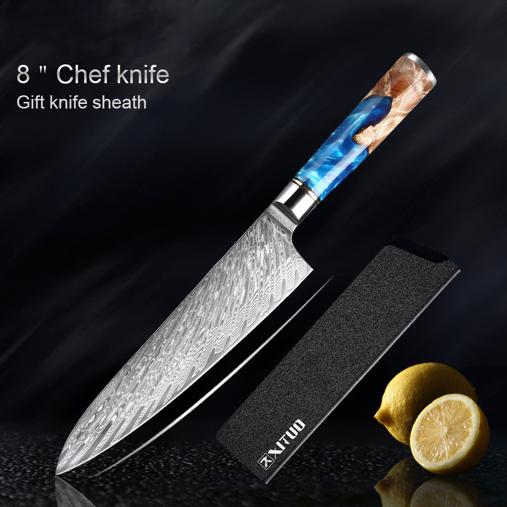 8-inch chef knife with decorative handle and sheath on a dark background