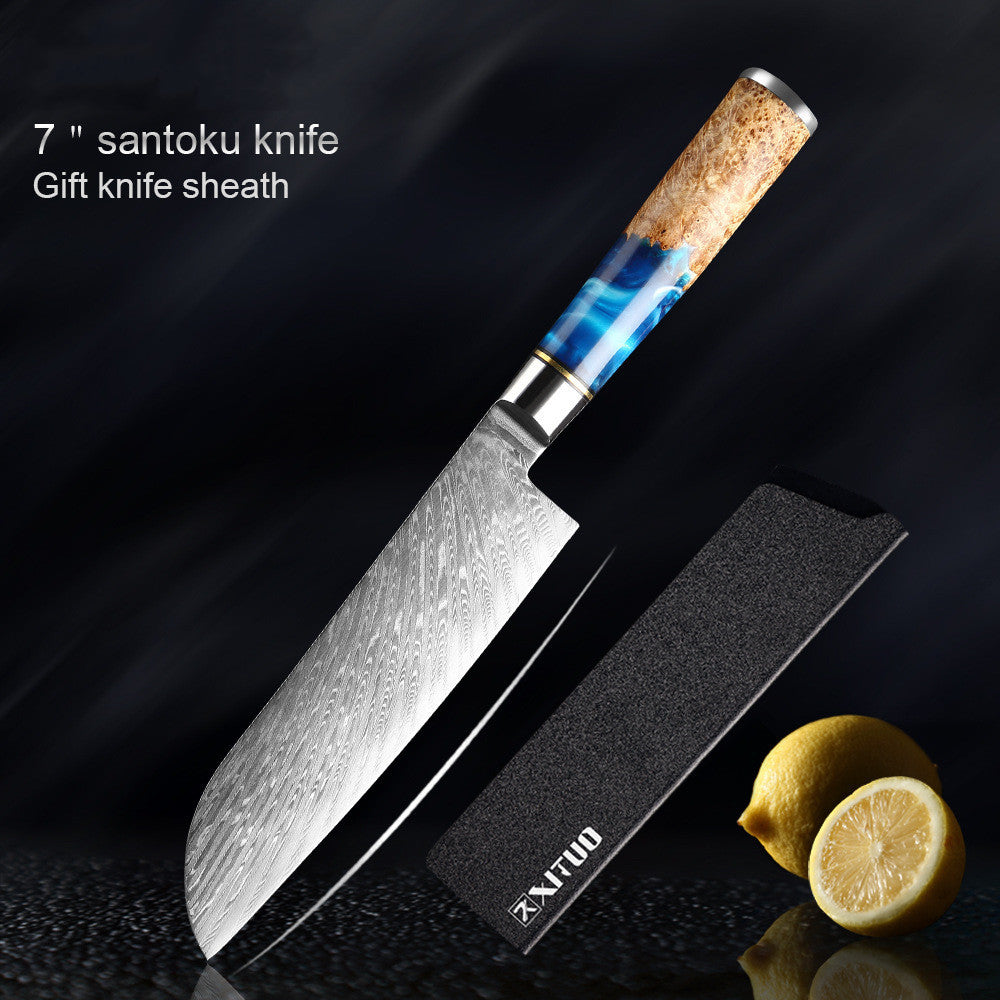 7-inch santoku knife with a wooden handle and black sheath on a dark background.