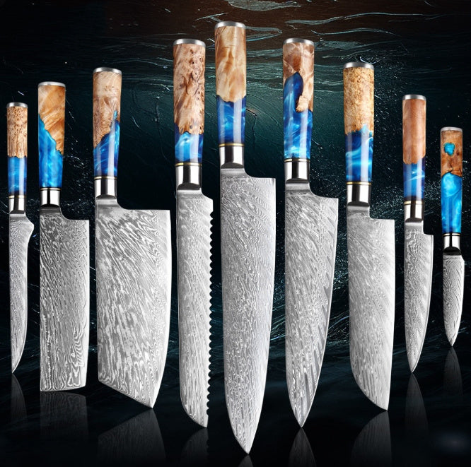 Set of knives with wooden handles and metallic blades on a dark background