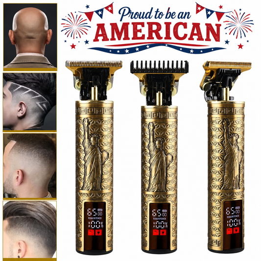 Three gold and black electric hair clippers shown on a white background, with a patriotic banner reading 'Proud to be an AMERICAN' and four inset photos of men's haircuts on the left.