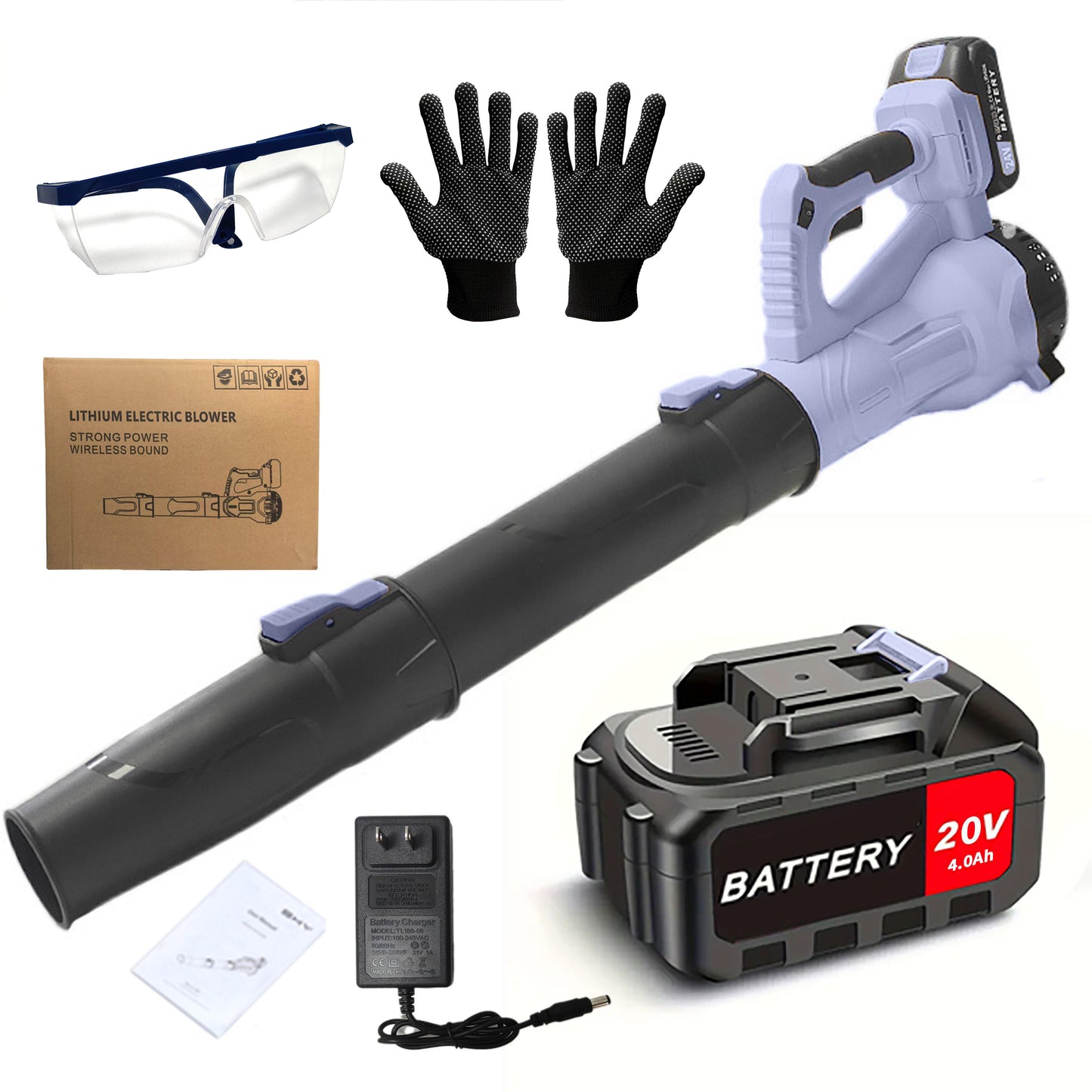 Lithium electric blower with battery, gloves, safety glasses, and packaging on a white background