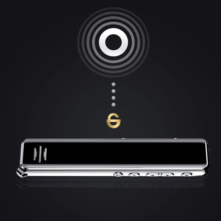 “Slim black Q22 digital voice recorder with LCD screen and side buttons”