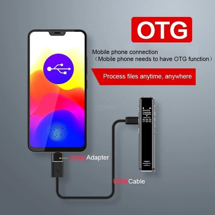 “OTG cable showing recorder connected to smartphone for file transfer”