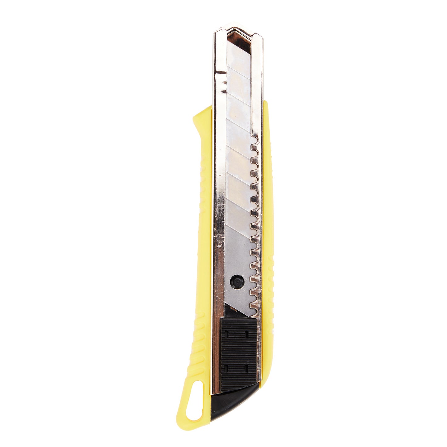 Yellow utility knife with a blade extended on a white background